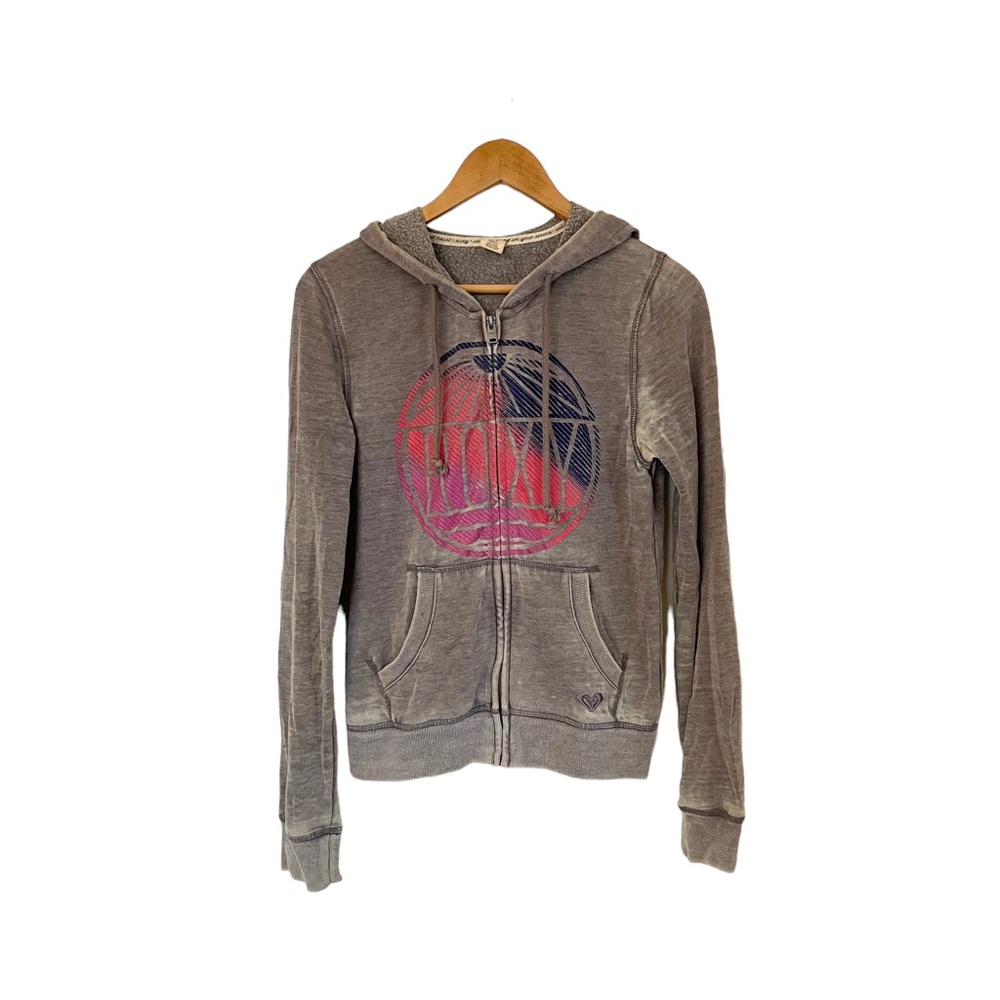 ROXY zippered acid wash distressed hoodie with pockets.
